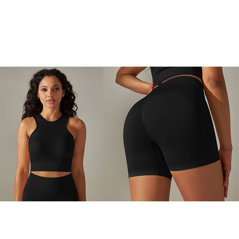 New Solid  Running And Fitness Suit, Knitted Seamless Peach Buttocks Yoga Suit Set