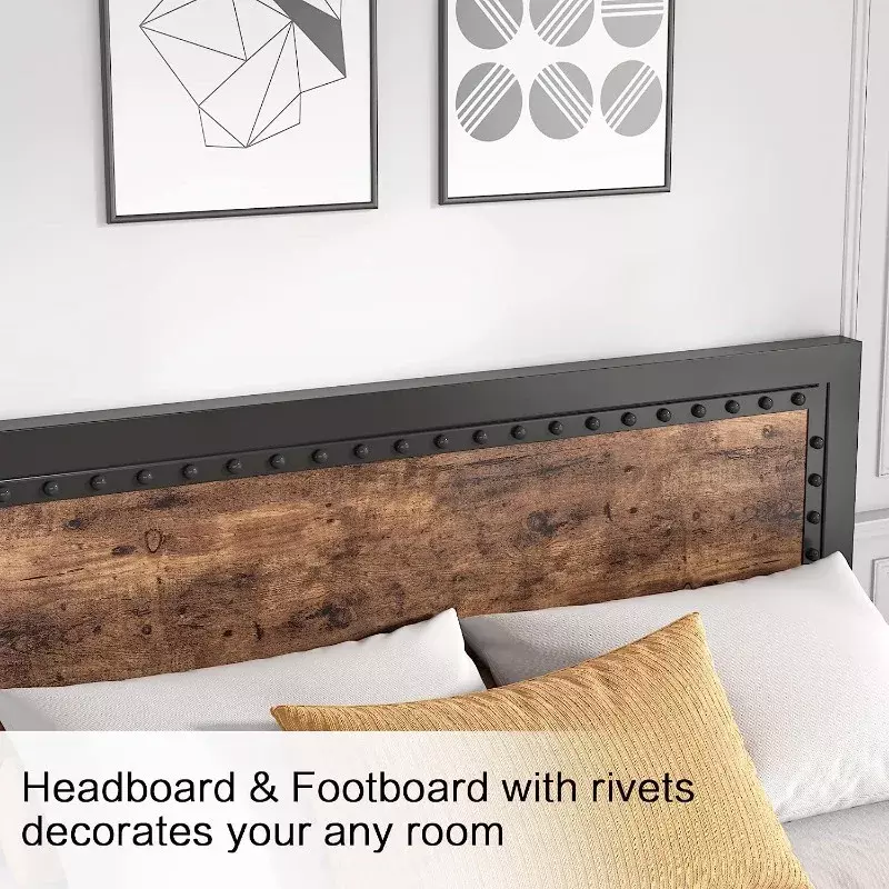 Metalowa drewniana rama łóżka typu king-size z 4 szufladami do przechowywania, nowoczesnym zagłówkiem i platformą podnóżka, nie wymaga sprężyny pudełkowej