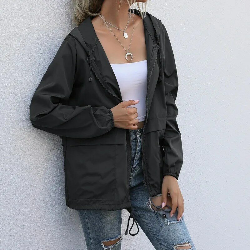 Deeptown Black Spring Jacket Women Windbreaker Zipper Hooded Outdoor Track Jackets Oversize Harajuku Fashion Gorpcore Outwear