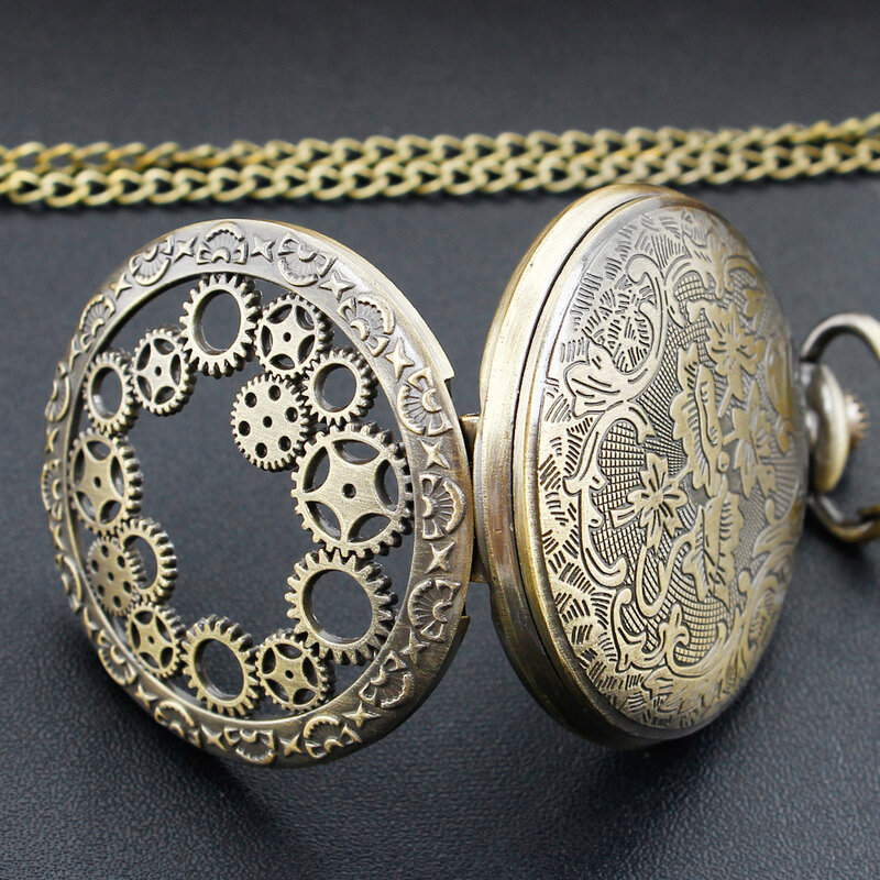 Montre de poche à mouvement à quartz en bronze, engrenage creux, collier pendentif avec pendentif, cadeaux pour femmes ou hommes avec porte-clés
