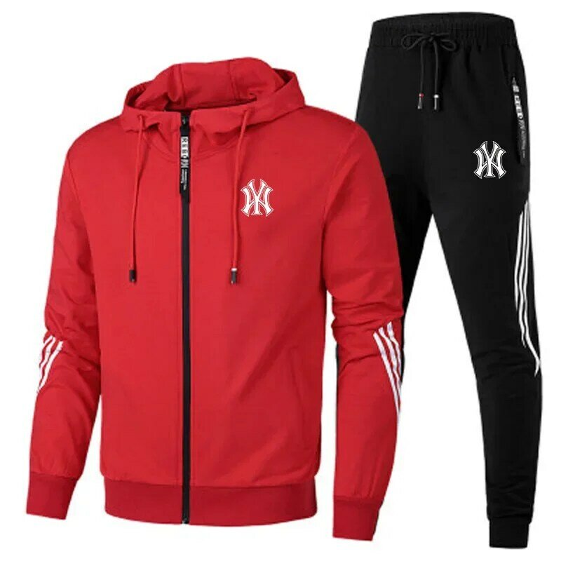 Casual Men's Suit Spring Autumn High Quality Zipper Hooded Jacket Jogging Fitness Mountaineering Sportswear + Pants 2 Piece Set
