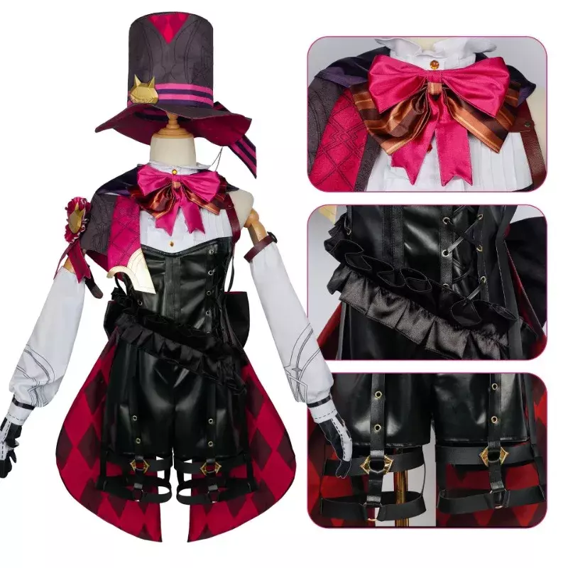 Disfraz de Lyney Genshin Impact, peluca de Fontaine Lyney, uniforme de mago de cuero, guante de pelo corto, gemelos, juego de Carnaval de Halloween