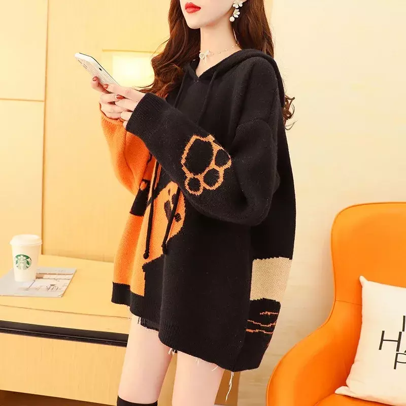  Winter Hooded Sweater And Pullovers Long Sleeve Bear Pattern Casual Jumpers Long Sleeve Pull Femme Patchwork Chic Knit Tops