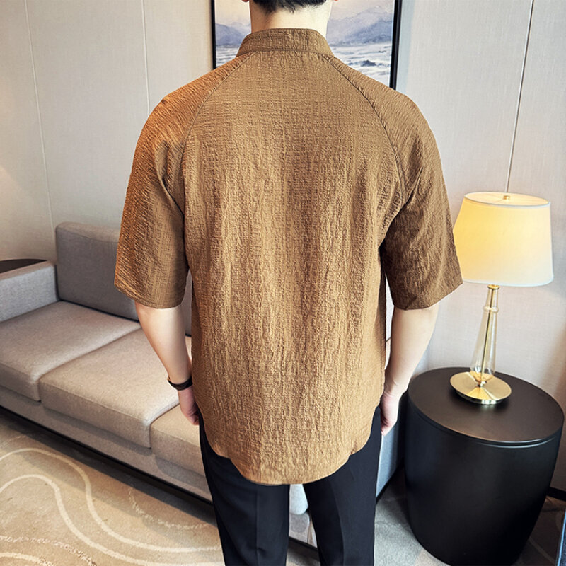 Camisa de manga corta para hombre, camisa de estilo chino de Color sólido con diseño de bolsillo, botones de moda, S-2XL