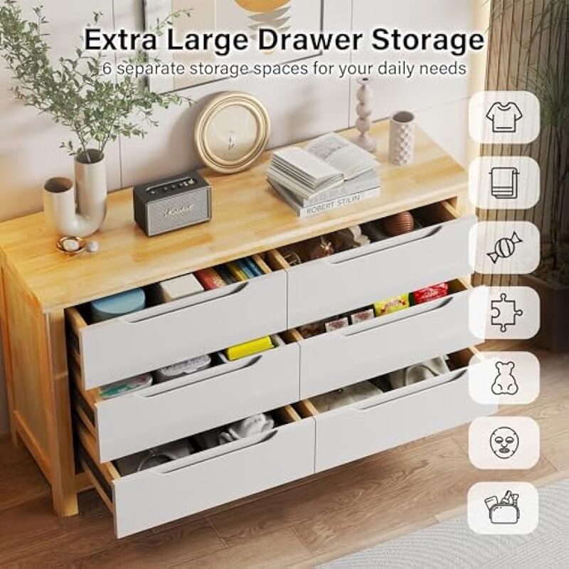 6 Large Double Solid Wood, Modern Dresser Drawer Organizer with 6 Chest of Drawers for Bedroom,Kids Bedroom,Living Room,Hallway