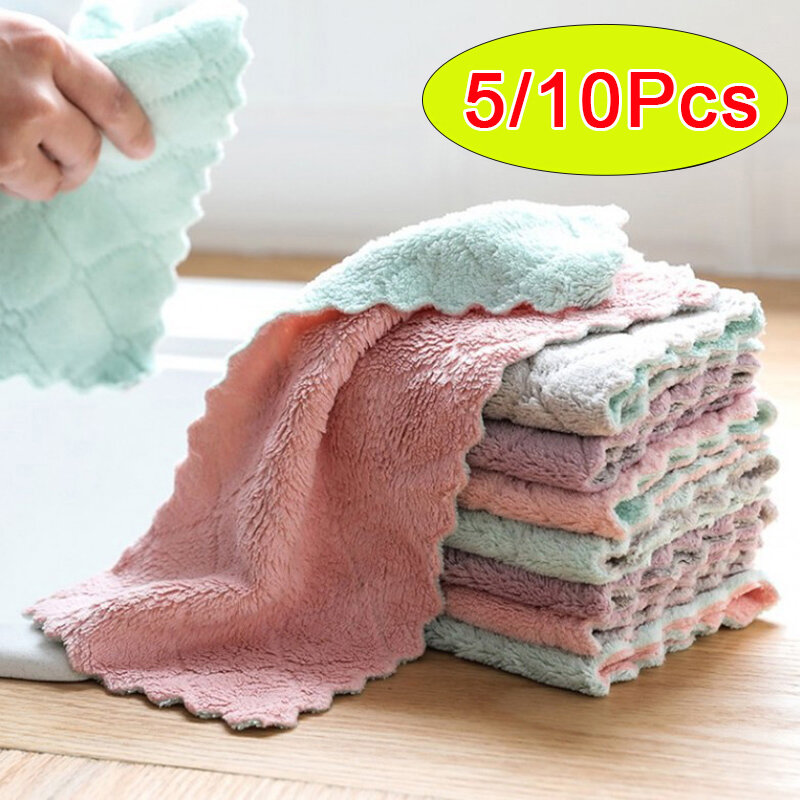 5-10Pcs Absorbent Kitchen Towels Soft Microfiber Cleaning Cloths Non-stick Oil Dish Cloth Rags For Kitchen Household Dish Towel