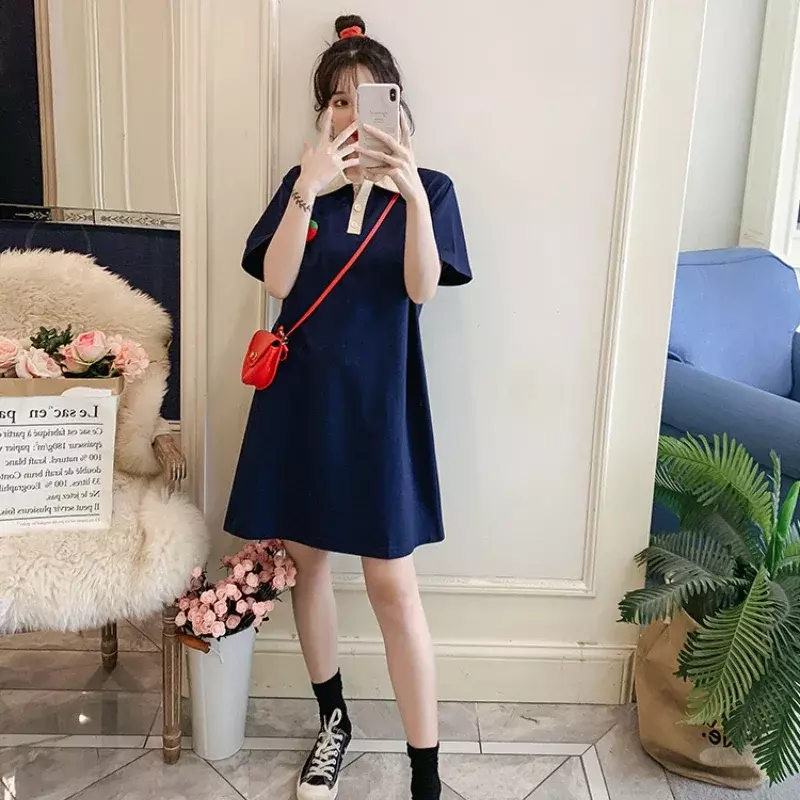 2023 Spring and Summer New Fashion Girls Collision Color Splicing Dress Age Reduction Love POLO Collar Casual T-shirt Dress