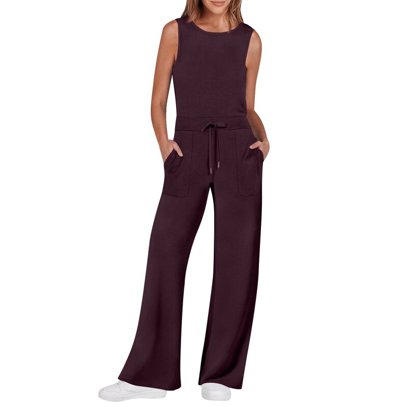 Women'S Tank Rompers Casual Versatile Sleeveless Solid Commuting Straight Tube Jumpsuits Drawstring Waist Fitting Jumpsuits