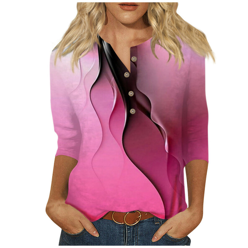 Camiseta con estampado Floral para Mujer, blusa informal delicada con cuello en V, botones, mangas 2024, Top para Mujer 3/4