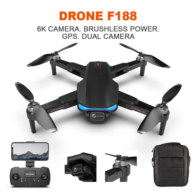 Drone Quadcopter Dobrável com Câmera Dual HD, WiFi RC Helicóptero Presentes, Motor Profissional Sem Escova, 5G, F188, GPS, 6K