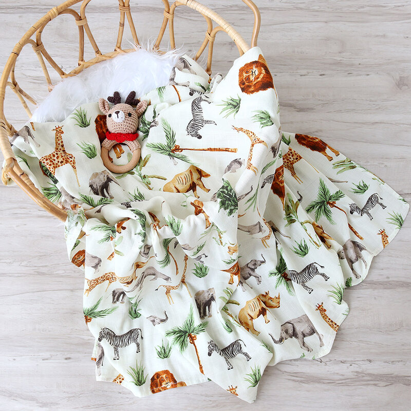 Муслиновое одеяло для новорожденных, мягкая Пеленка из бамбука и хлопка с принтом животных джунглей, белье для новорожденных