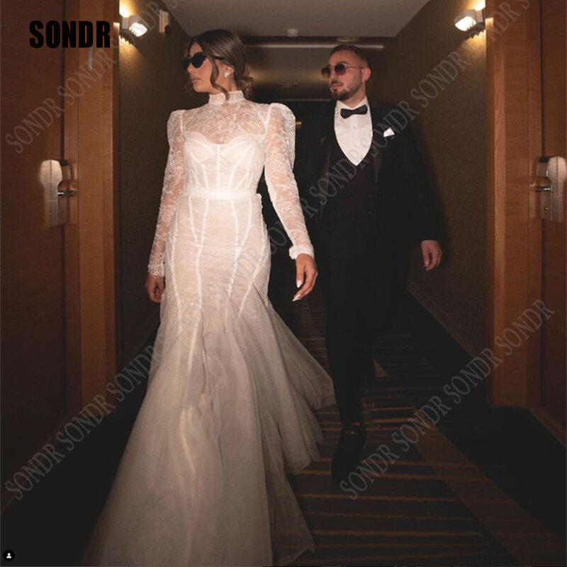 Sondr-チュールのマーメイドウェディングドレス,花嫁のための袖,レースのアップリケ,ハイネック,イブニングドレス,魅力的