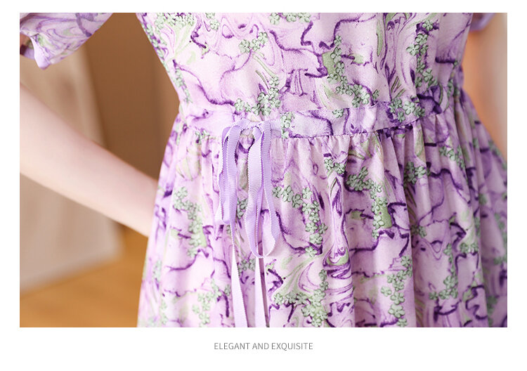 2023 Frühling/Sommer O-Ausschnitt lila Blume gedruckt Seide Kurzarm Dalian Kleid Frauen lose große Taille schlanke knielange Rock