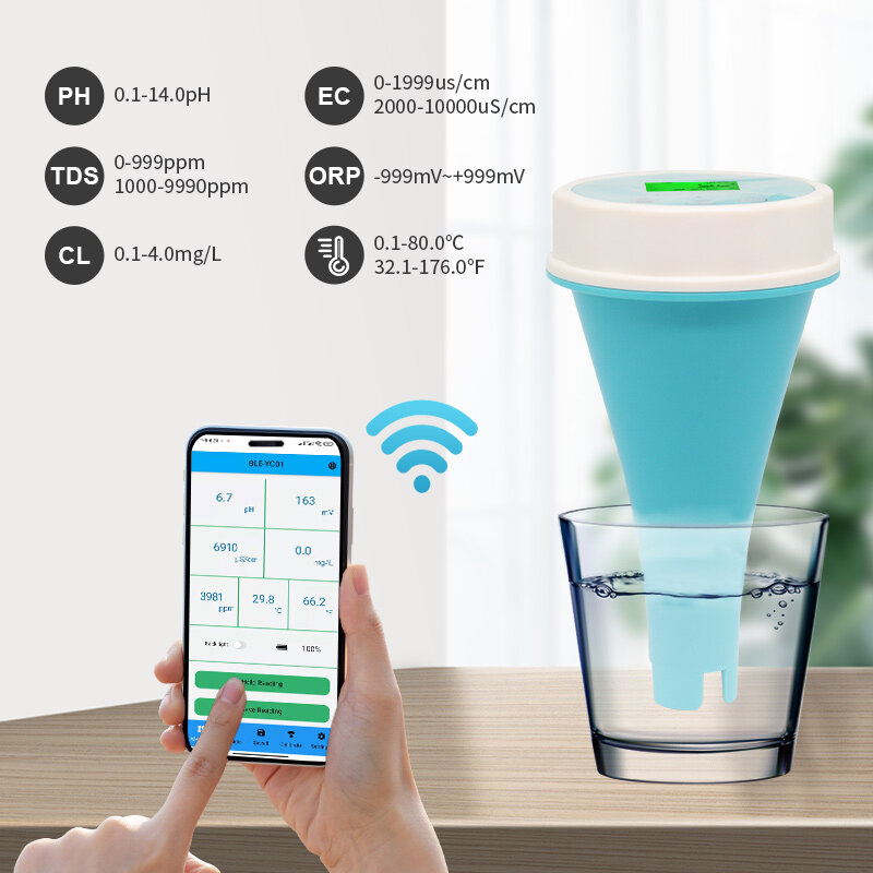 Medidor de cloro de água Bluetooth on-line inteligente para piscina do aquário, BLE-YC01, alimentado por aplicativo móvel, pH, TDS, CE, ORP, TEMP, 6 em 1