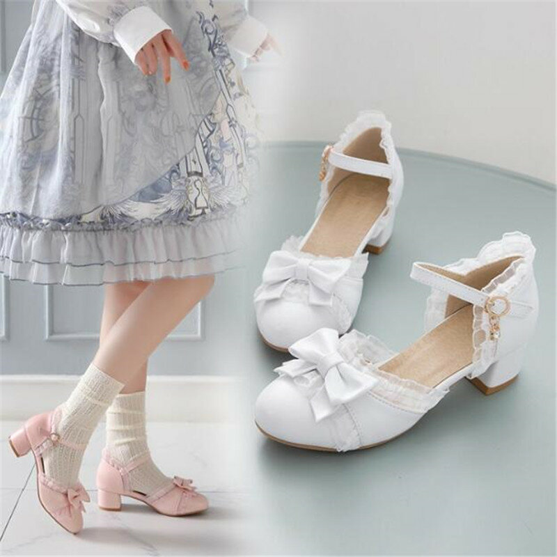 Sandalias de tacón alto para niños y niñas, zapatos de tacón alto Lolita para mujer, zapatos de princesa con volantes y lazo, para fiesta de boda, color rosa, talla 28-43