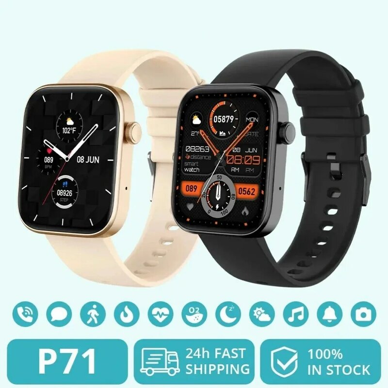 P71 Smartwatch com Chamada por Voz para Homens e Mulheres, Monitoramento de Saúde, IP68 Impermeável, Notificação Inteligente, Assistente, Novo