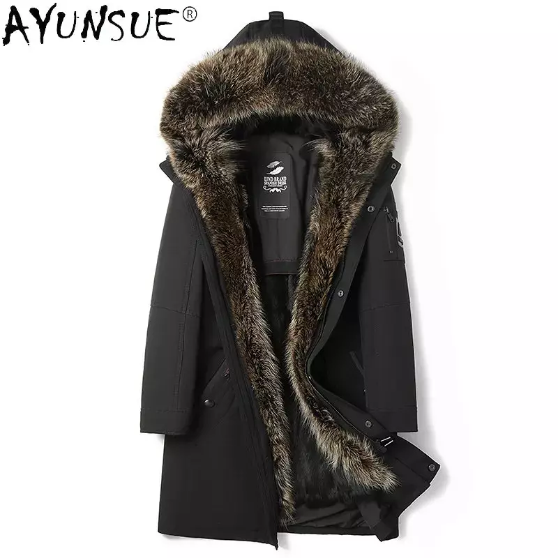 AYUNSUE-따뜻한 모피 파카 밍크 모피 라이너 분리형 캐주얼 후드 파카 남성용, 두꺼운 파카, 남자 겨울 자켓 SGG1145