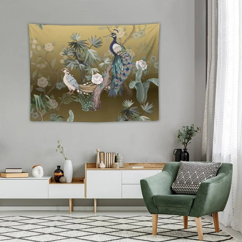 Fengshui Oriental Chinoiserie - Gold Leaf Garden with Peacock and Quail Tapestry Decor Home House Decorations
