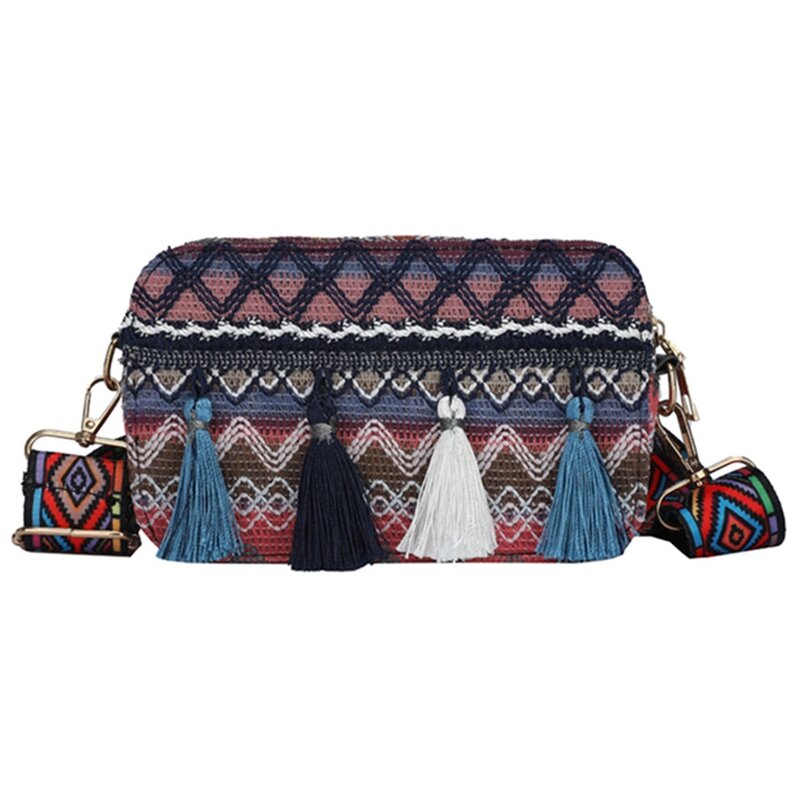 Модная Этническая женская сумка с полосатым принтом, сумка-мессенджер на одно плечо, Повседневная Женская мини-сумка на молнии с кисточками