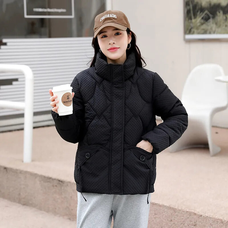 Autumn Winter Short Cotton Jacket Women New Loose Stand-Up Collar Coat Pure Colour Outwear Fshion Pocket Thicken Overcoat Female