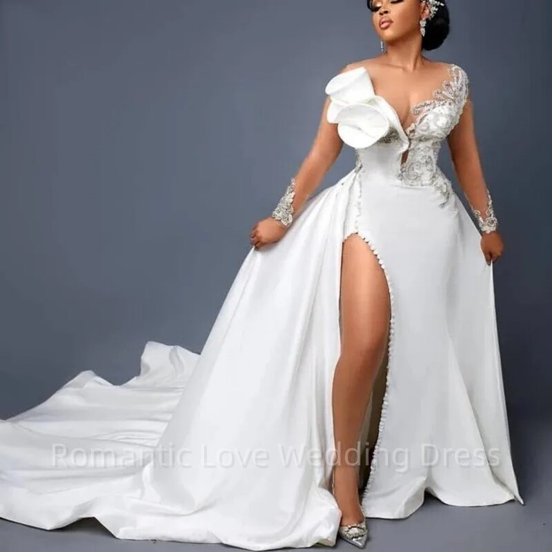 Gaun pernikahan putri duyung elegan untuk pengantin leher tipis manik-manik renda applique gaun pengantin wanita Afrika gaun pengantin