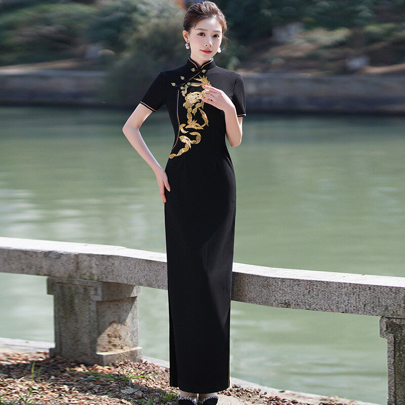 Sexy Women Embroider Qipao Vestidso Vintage Mandarin Collar Long Evening Party Dress Plus Size 5XL Modal Show Perform Cheongsam
