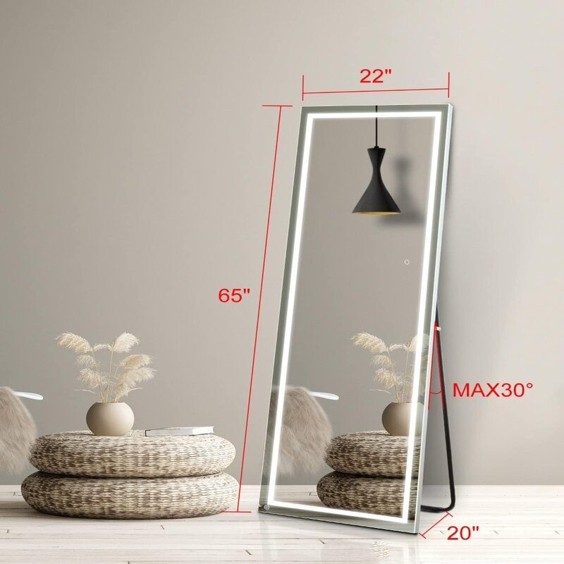 Cermin panjang penuh LED, cermin berdiri bebas sentuhan cermin menyala panjang seluruh tubuh, terpasang di dinding/cermin bersandar