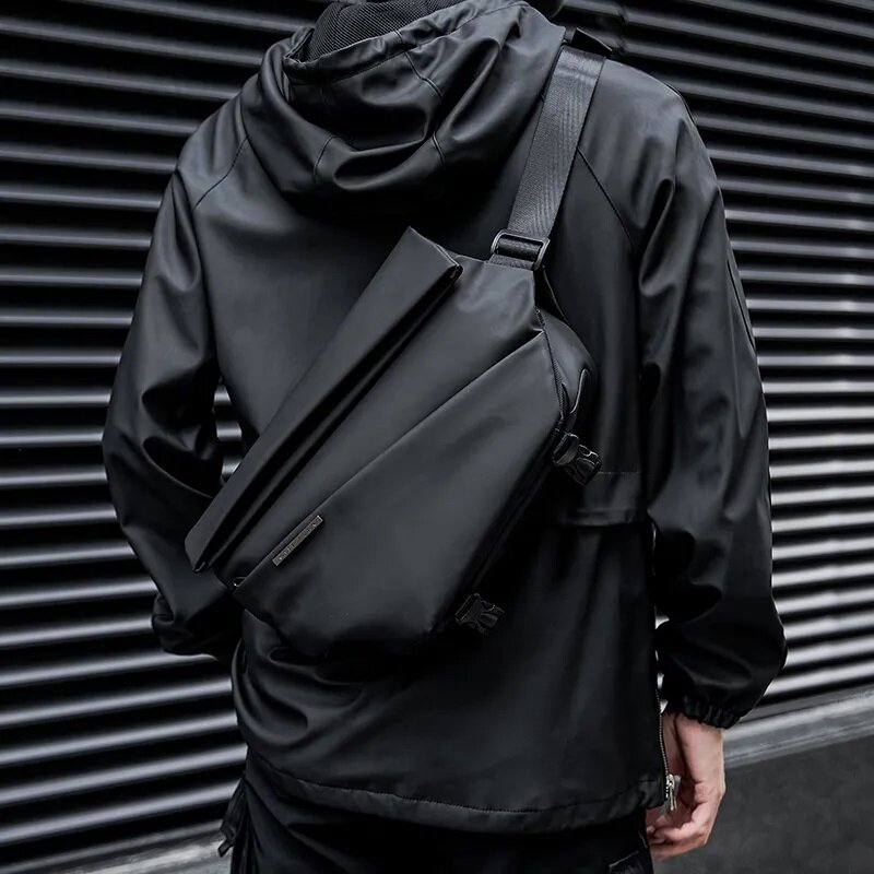 MATE ELAN tas selempang minimalis pria, tas selempang dengan gesper magnetis tahan air, tas kurir minimalis warna hitam modis kepribadian