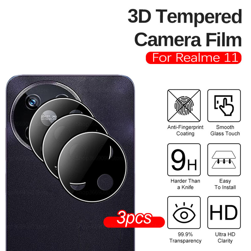 Custodia protettiva per obiettivo posteriore nera da 3 pezzi per Realme 11 4G 5G real11 realme11 pellicola antigraffio in vetro temperato con obiettivo per fotocamera 3D