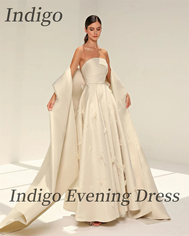 Атласное платье цвета индиго для выпускного вечера, без бретелек, с накидкой и перьями, женское официальное платье, 2024