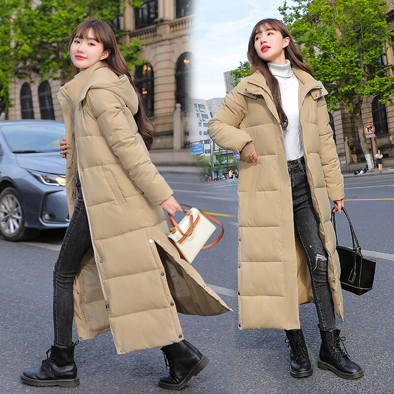 Mantel panjang parka wanita, jaket mantel salju kasual, pakaian luar atasan Korea, mantel katun bertudung, hangat, tebal, panjang, musim dingin