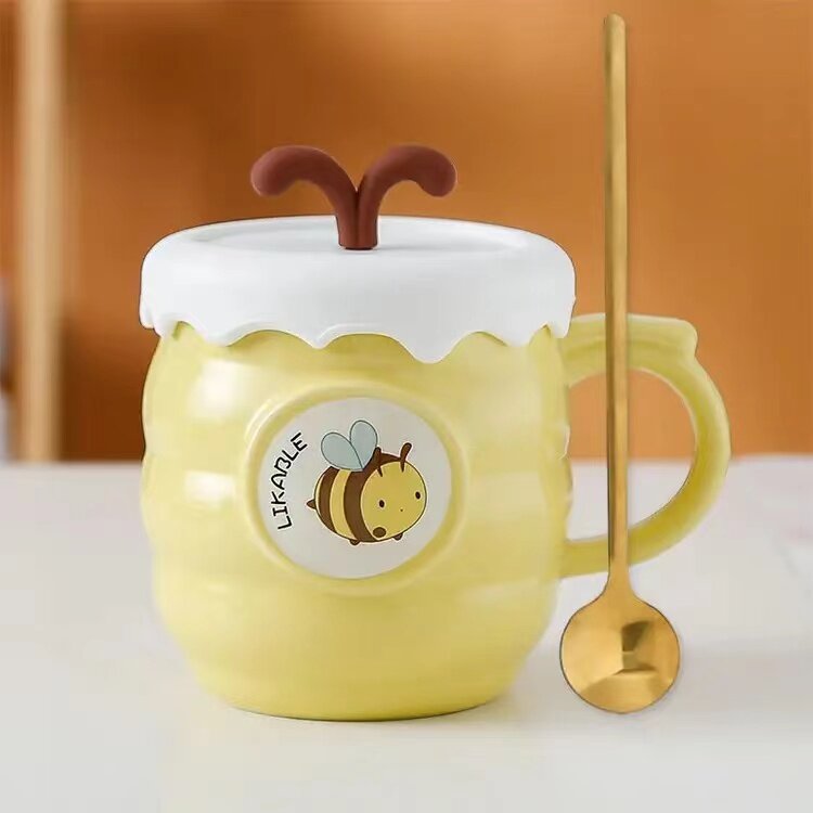 Kreative Bienen milch becher mit Löffel deckel Keramik Kaffeetasse Set Weihnachts becher Kaffeetasse zum Trinken Tasse für Tee Paar Geschenk