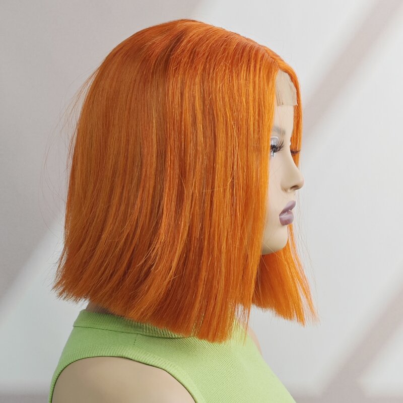 Peluca de cabello humano liso, postizo de encaje corto y liso, corte Bob, color naranja jengibre, 180% de densidad, brasileño, 2x6, predesplumada