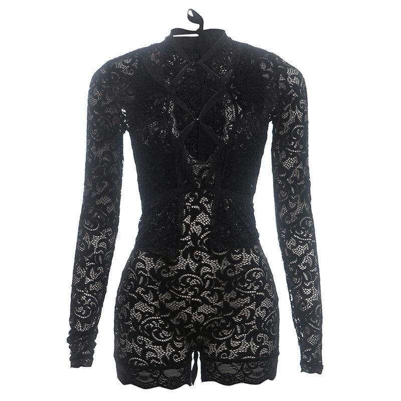 Women Sexy See Through Lace Playsuits V-neck Lace-up Halter Long Sleeve Skinny Club Party Rompers Female Birthday Overalls