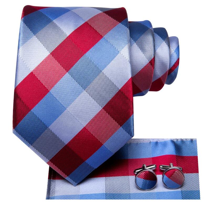 Designerska niebieska w czerwoną kratę krawat jedwabny dla mężczyzn z ozdobnymi spinkami do mankietów męski krawat zestaw ślubny na imprezę biznesową dropshipping