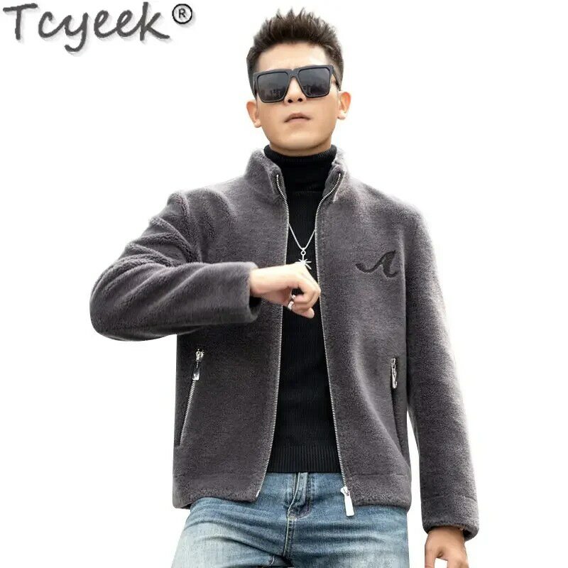 Tcyeek-Casaco de lã quente masculino, jaqueta casual de pele real de ovelha de inverno, roupa coreana, roupas finas