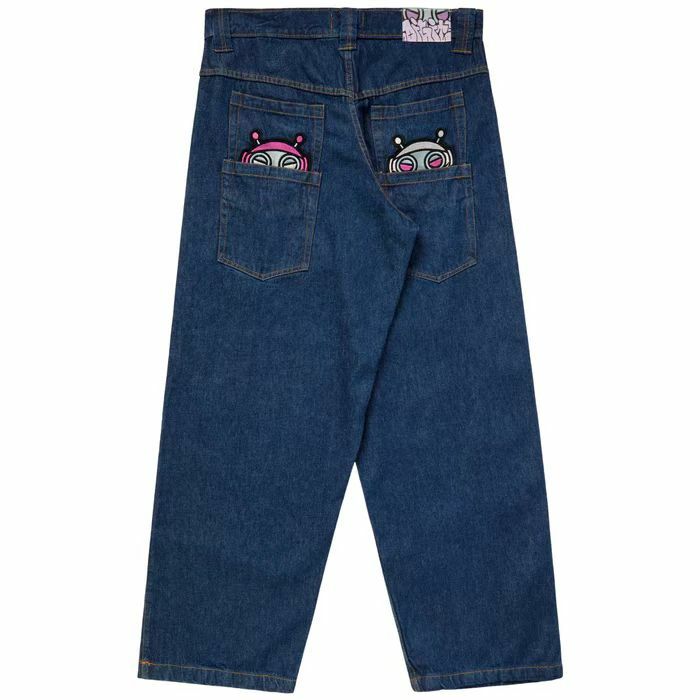 Y2K słodkie obcy haftowany wzór jeansy z nadrukiem Cargo spodnie męskie nowe luźne spodnie prosta szeroka nogawki proste modne niebieskie dżinsy