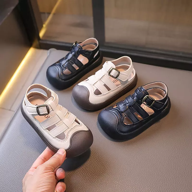Детские сандалии 2024, кожаные летние сандалии в стиле пэчворк для мальчиков, модные Универсальные детские сандалии с вырезами и мягкой подошвой для девочек