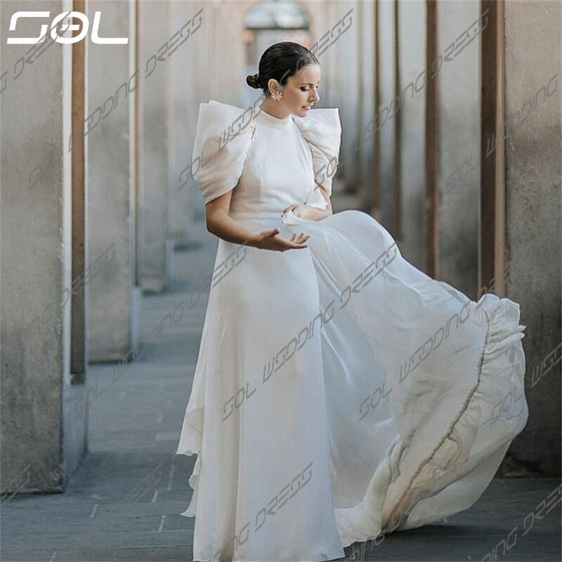 Женское атласное платье со шлейфом It's yiiya, белое элегантное платье с полурукавами-фонариками, круглым вырезом и открытой спиной на лето 2019