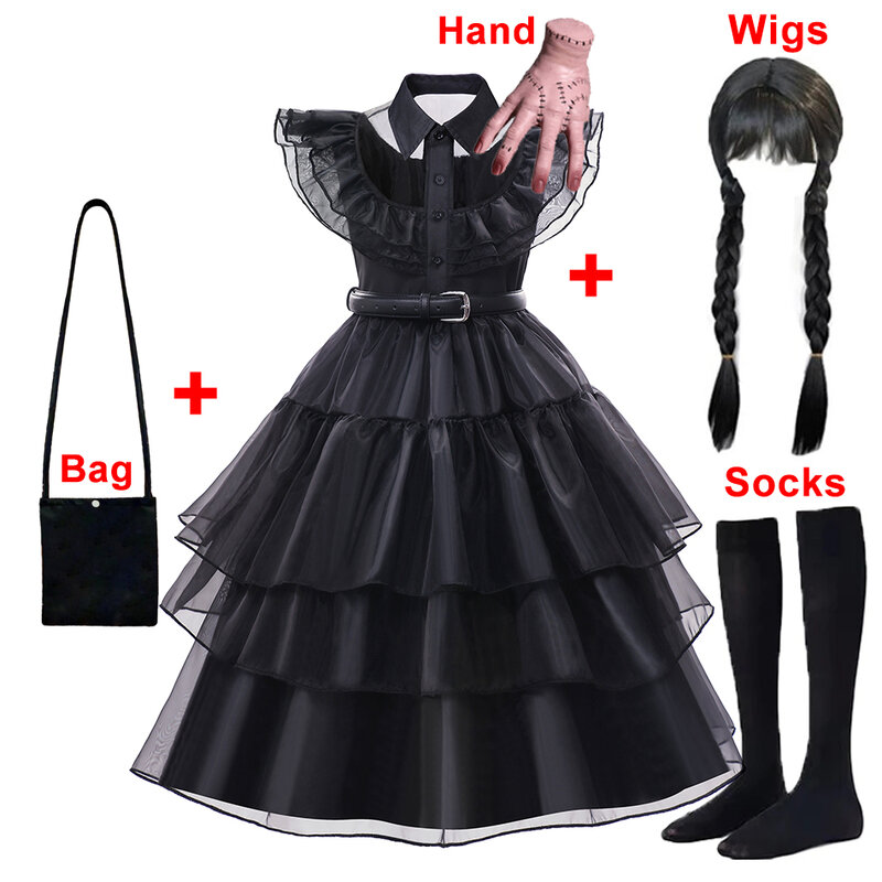 Robe de soirée noire gothique pour enfants, costume de mercredi pour filles, vêtements de carnaval d'Halloween, événements, cosplay, mode, 3-12T