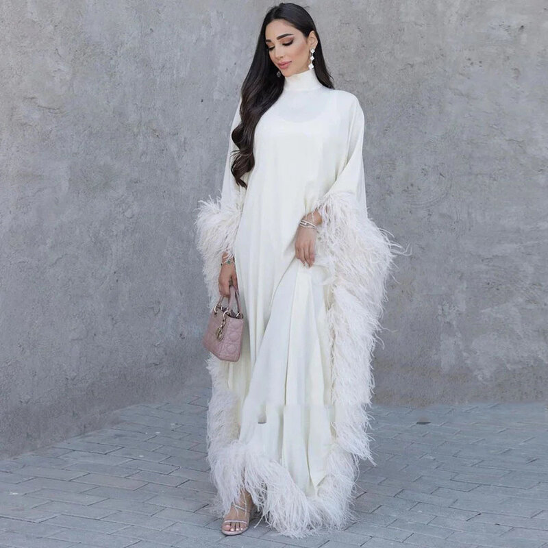 Ivory Prom Dress With Feather Shawl Long Sleeve High Neck Muslim Formal Dress Dubai Saudi Arabia Elegant Evening Dress