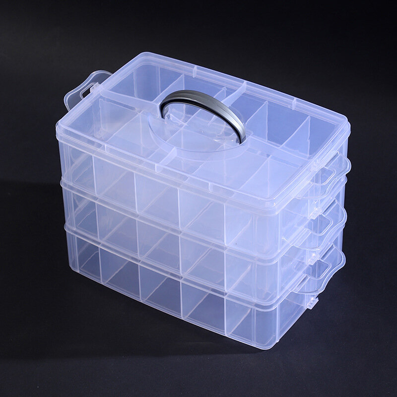 3-warstwowe przezroczyste plastikowe pudełko na koraliki do biżuterii z możliwością układania w stosy Organizer do przechowywania Pojemnik z regulowanymi przegródkami 30 siatek