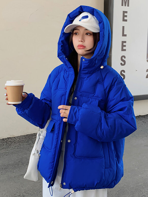 Koreańska moda 2023 bawełniana ocieplana krótka kurtka zimowa z kapturem i grubym ciepłym zimowym płaszczem damska odzież wierzchnia
