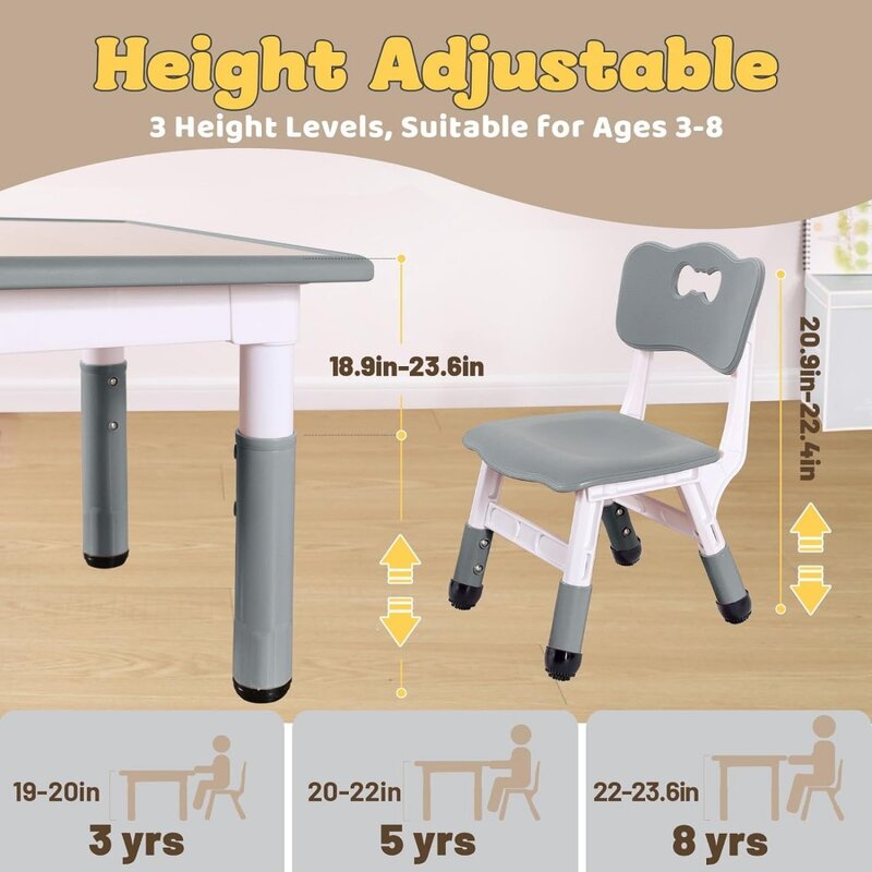 able and 4 Chairs Set for Ages 3-8, Height Adjustable Toddler Table and Chair Set, Easy to Wipe Arts & Crafts Table, for