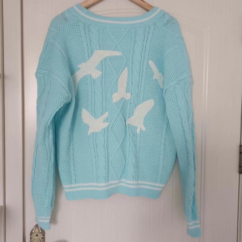 Taylor-Cardigã de malha especial bordado de pássaro feminino, suéter vintage rápido azul, estilo desleixado, novo, outono e inverno