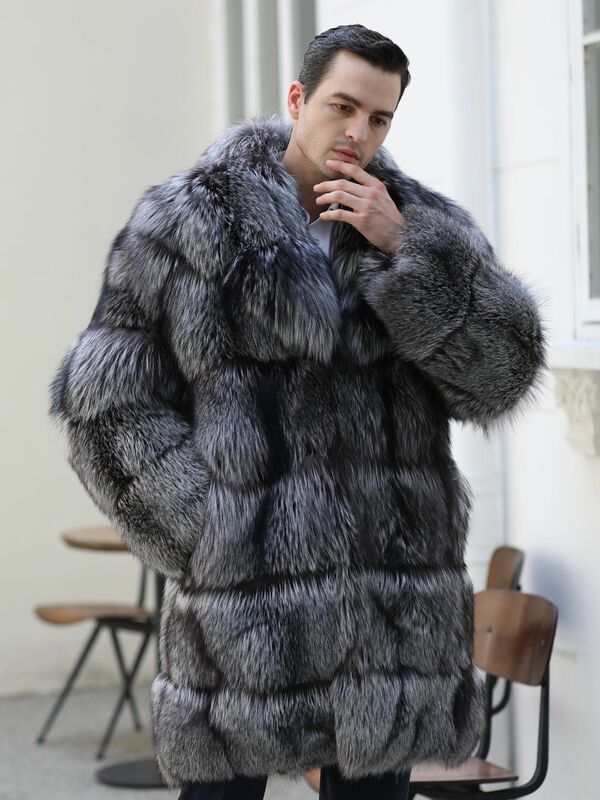 Janefur-abrigo de piel de zorro plateado para hombre, abrigo largo y grueso, cálido, personalizado, de lujo, para invierno, 2022