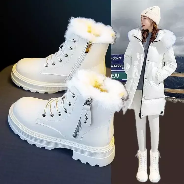 أحذية الثلوج القطيفة للنساء ، أحذية مسطحة ، دافئة ، متوسطة ، أبيض وأسود ، سميكة ، الشتاء ، 2021