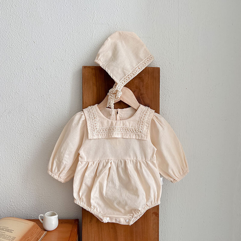 Bodysuit algodão bege bebê menina, macacão recém-nascido, outwear infantil, criança, uma peça de roupa, chapéu, estilo coreano, primavera, outono, novo, 2023