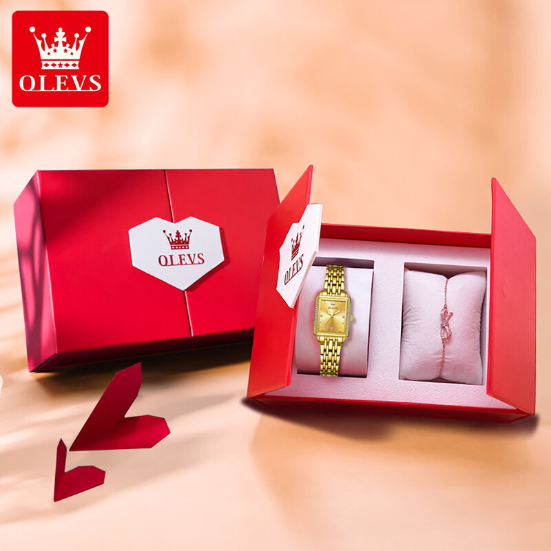 Часы OLEVS женские кварцевые, роскошные прямоугольные золотистые водонепроницаемые светящиеся с бриллиантовой оправой и датой, подарочная коробка