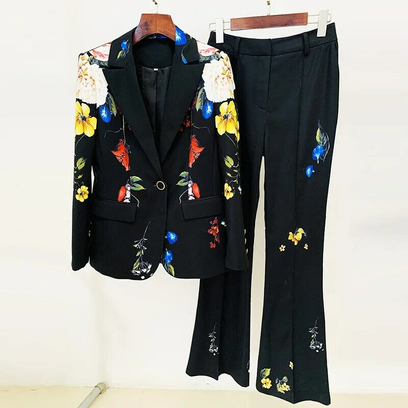 Getspring-duas peças conjunto com flor impressa para as mulheres, blazer com único botão, calças de cintura alta, calças longas flare, novo outono, 2024